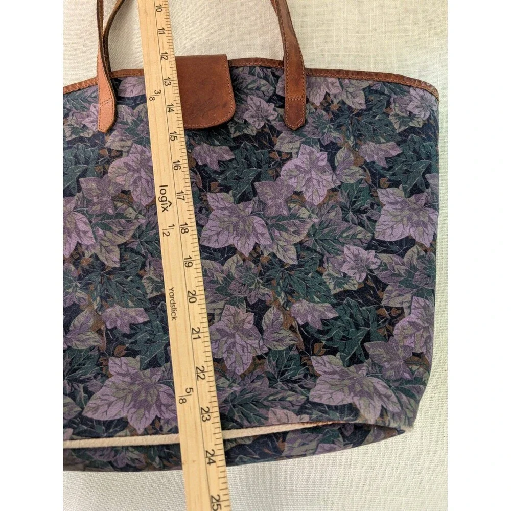 Vintage Laura Ashley Purple Floral Canvas w/ Leather Strap Tote Bag Shoulder Bag